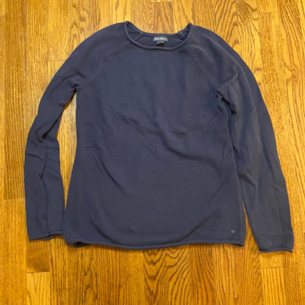 Eddie Bauer women’s grey cotton knit roll hem crewneck sweater size XS